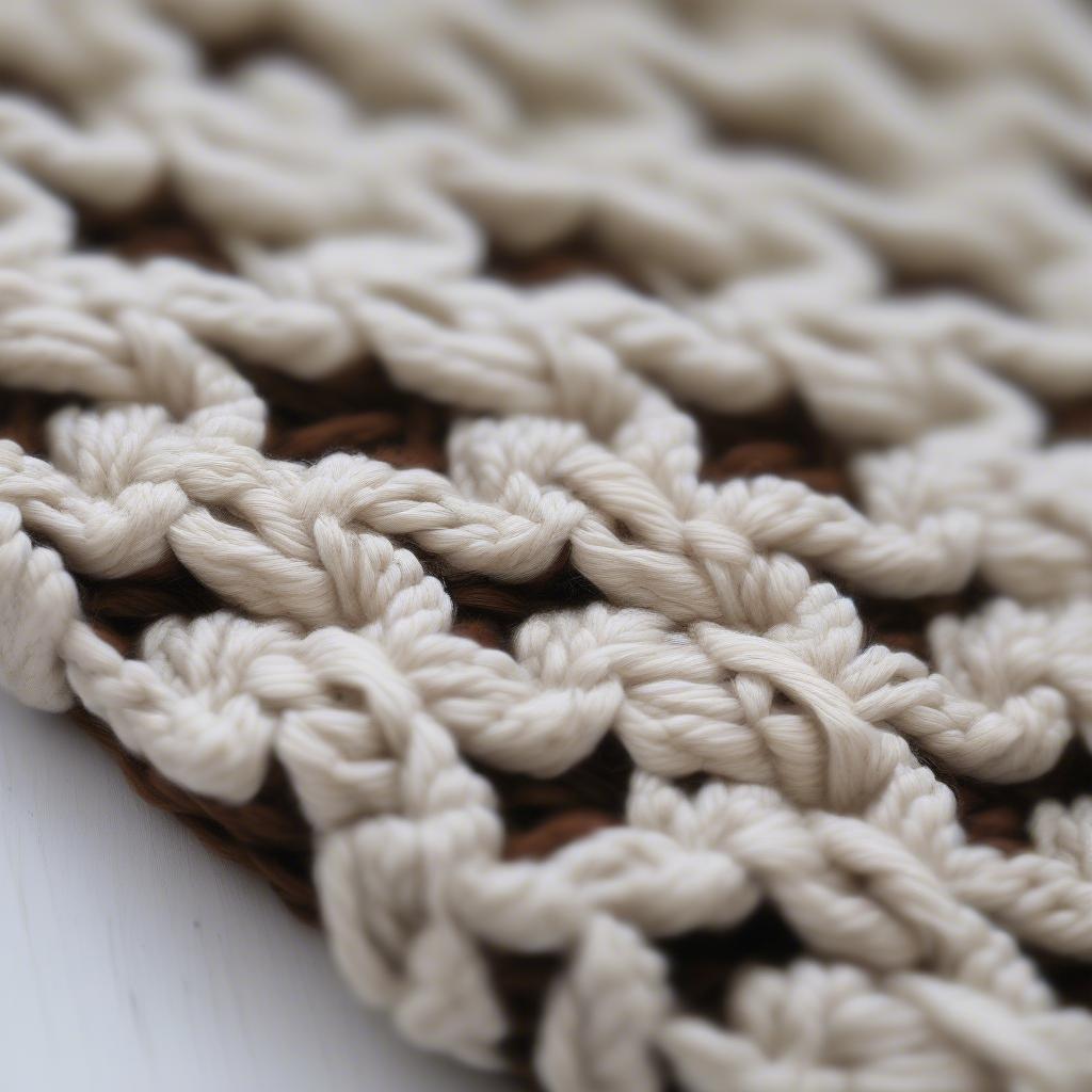 Close-up of the basket weave crochet stitch showing the alternating front and back post double crochet stitches that create the woven texture.