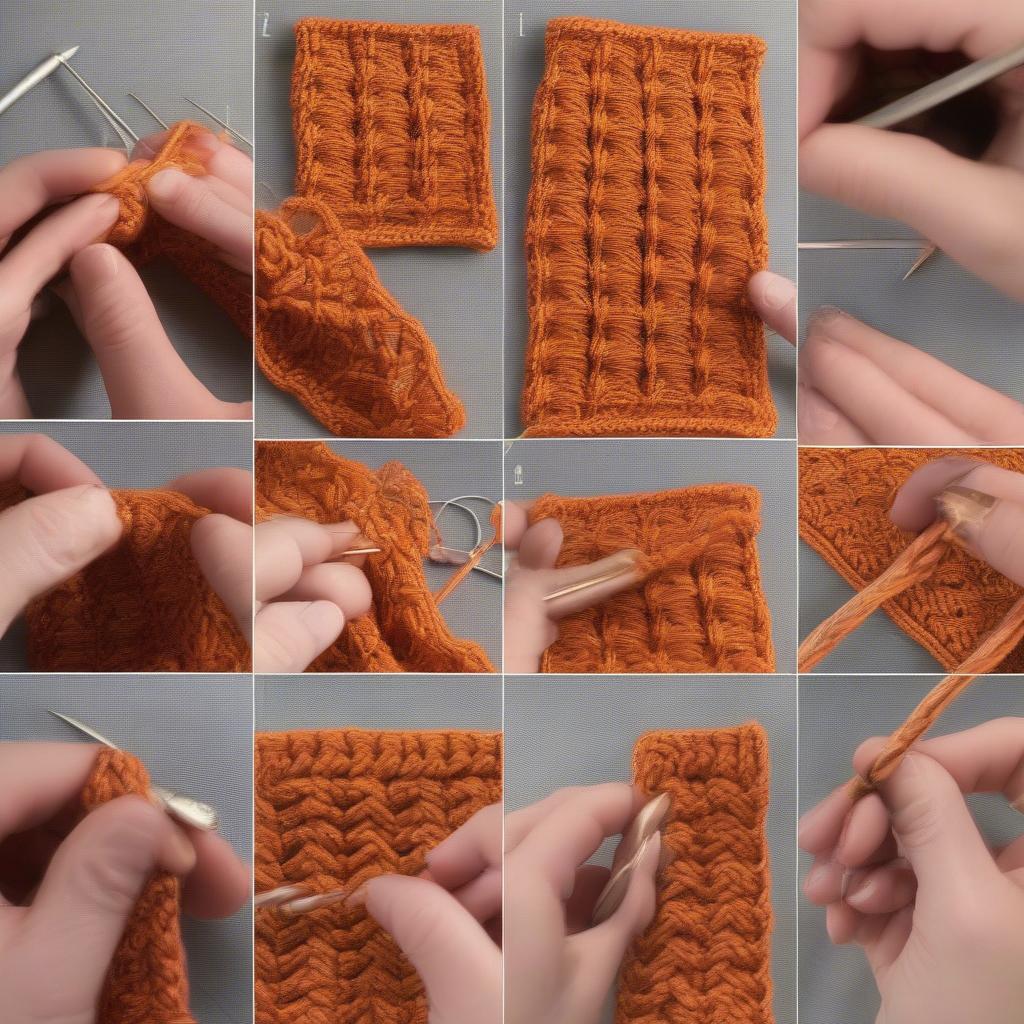 Step-by-step tutorial on how to create the basket weave crochet stitch, showing the hand positions and hook placement for each step.