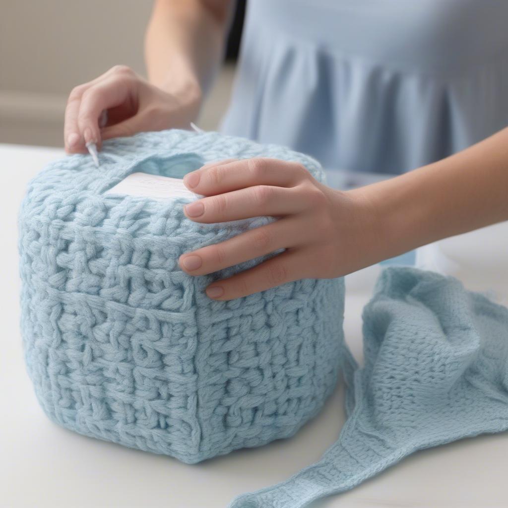 Hands crocheting a basket weave tissue box cover.