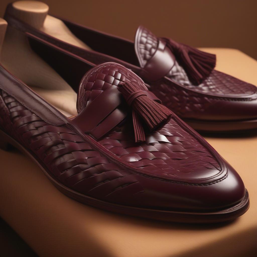 Close-up of the basket weave pattern on oxblood tassel loafers