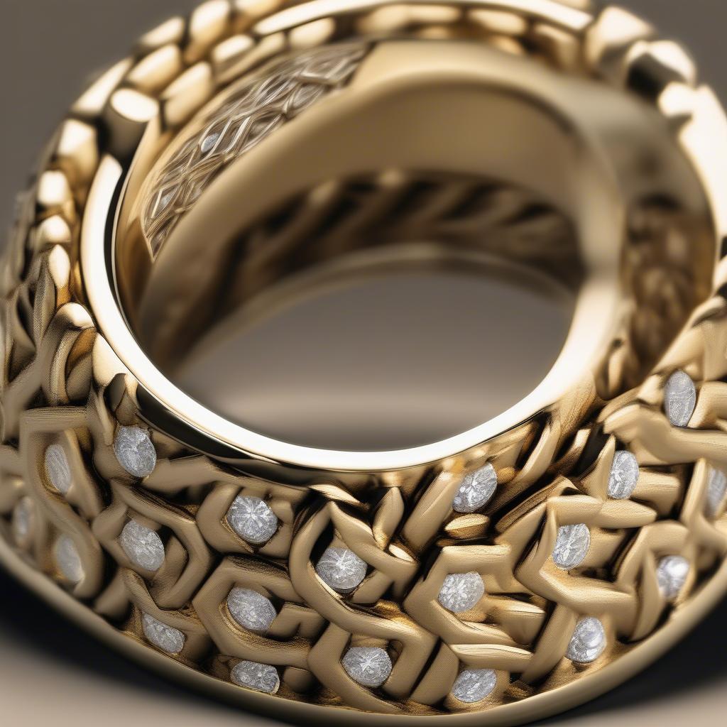 Close-up of a Basket Weave and Diamond Dome 18kt Yellow Gold Ring