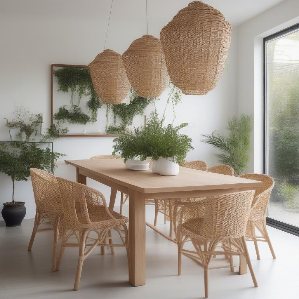 Natural Rattan Basket Weave Dining Chairs in a Modern Dining Room