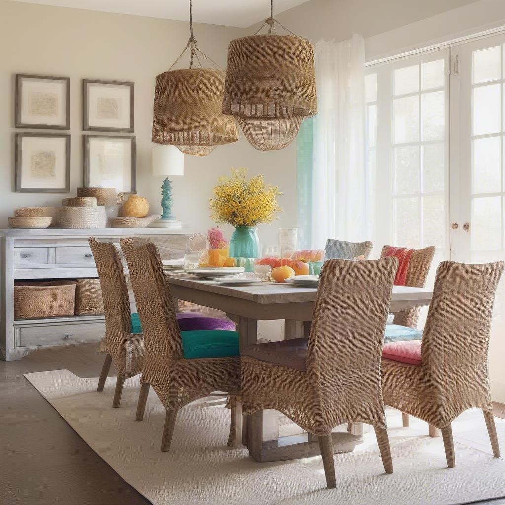 Basket Weave Dining Chairs with Colorful Cushions around a Wooden Table