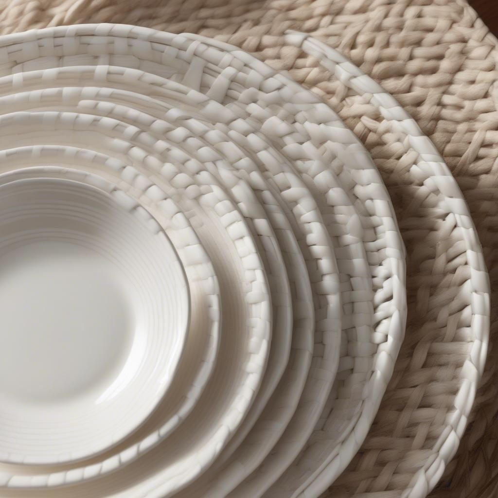 Close-up of a basket weave dinnerware set showing the intricate detail of the woven pattern