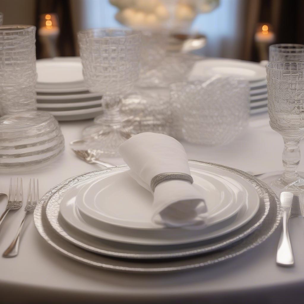 Basket weave dinnerware set service 8 elegantly arranged on a dining table for a formal dinner setting.