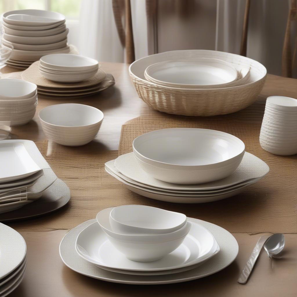 A basket weave dinnerware set complemented by matching serving dishes and accessories.