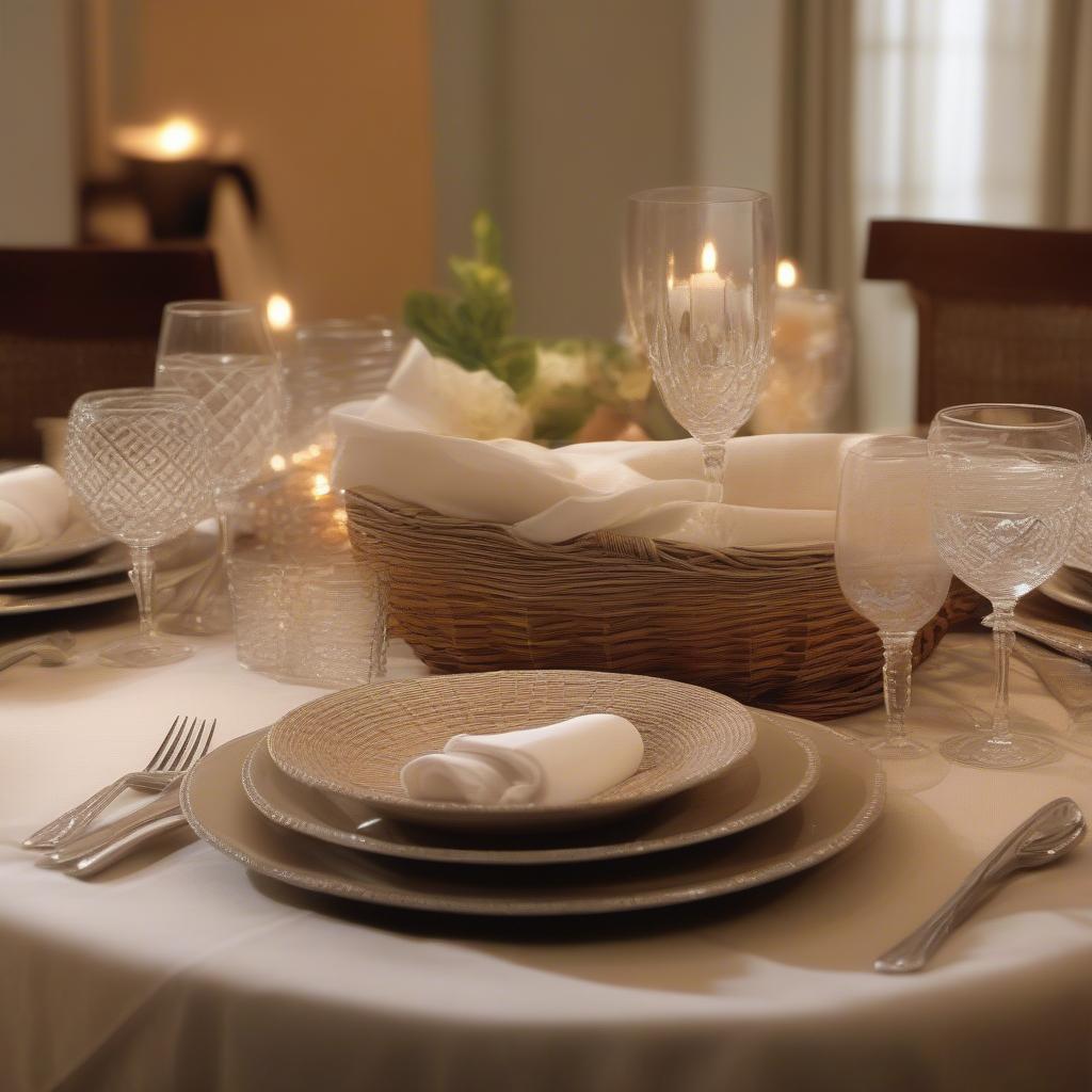 A beautifully styled table setting featuring basket weave dinnerware