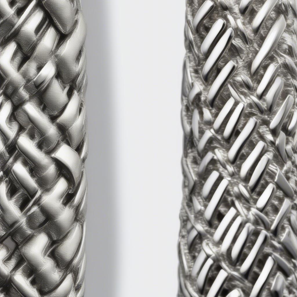 Close-up of intricate basket weave pattern on white gold earrings