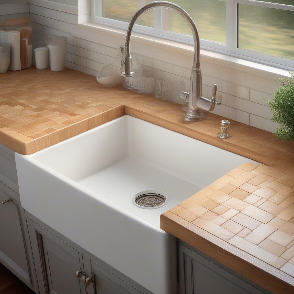 Basket weave farmhouse sink made of fireclay.