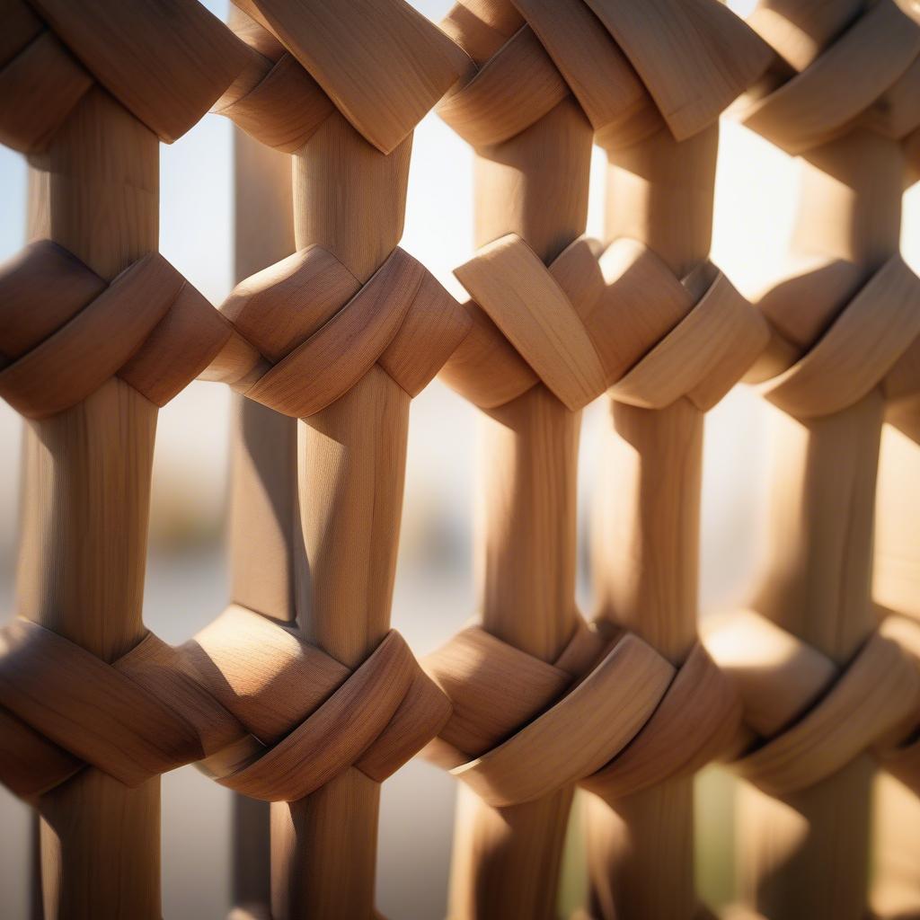 Close-up of a basket weave fence showcasing the intricate weaving pattern and natural wood texture.