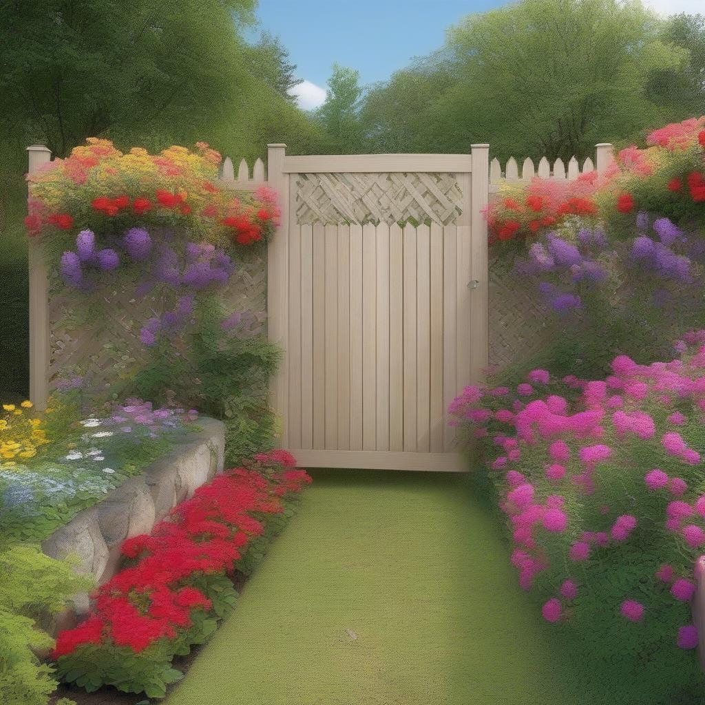 A charming basket weave fence encloses a vibrant garden, creating a picturesque and inviting outdoor space.