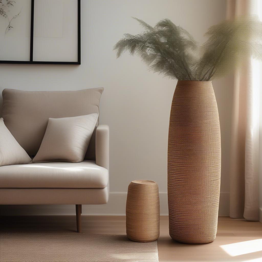 Natural Rattan Basket Weave Floor Vase in a Modern Living Room