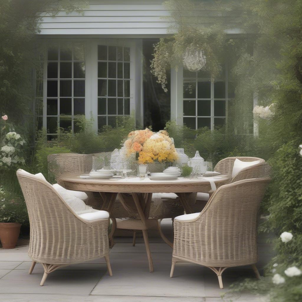 Basket weave garden chairs used in an outdoor dining setting.