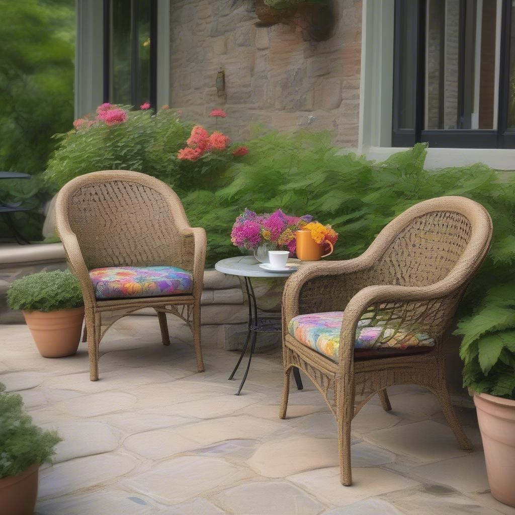 Basket weave garden chairs create a relaxing and inviting atmosphere on a patio.