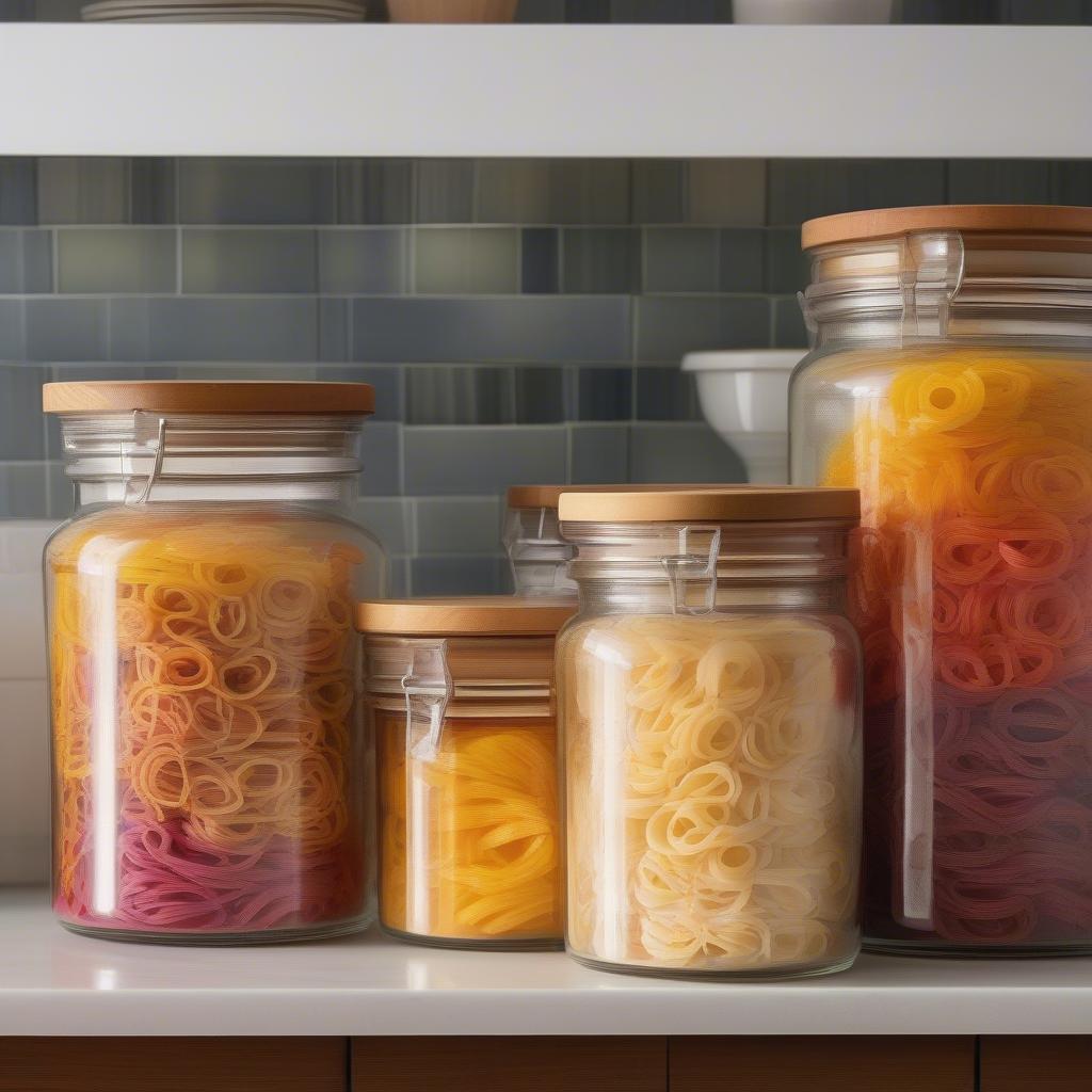 Basket weave glass canister on a kitchen counter with various dry goods inside.