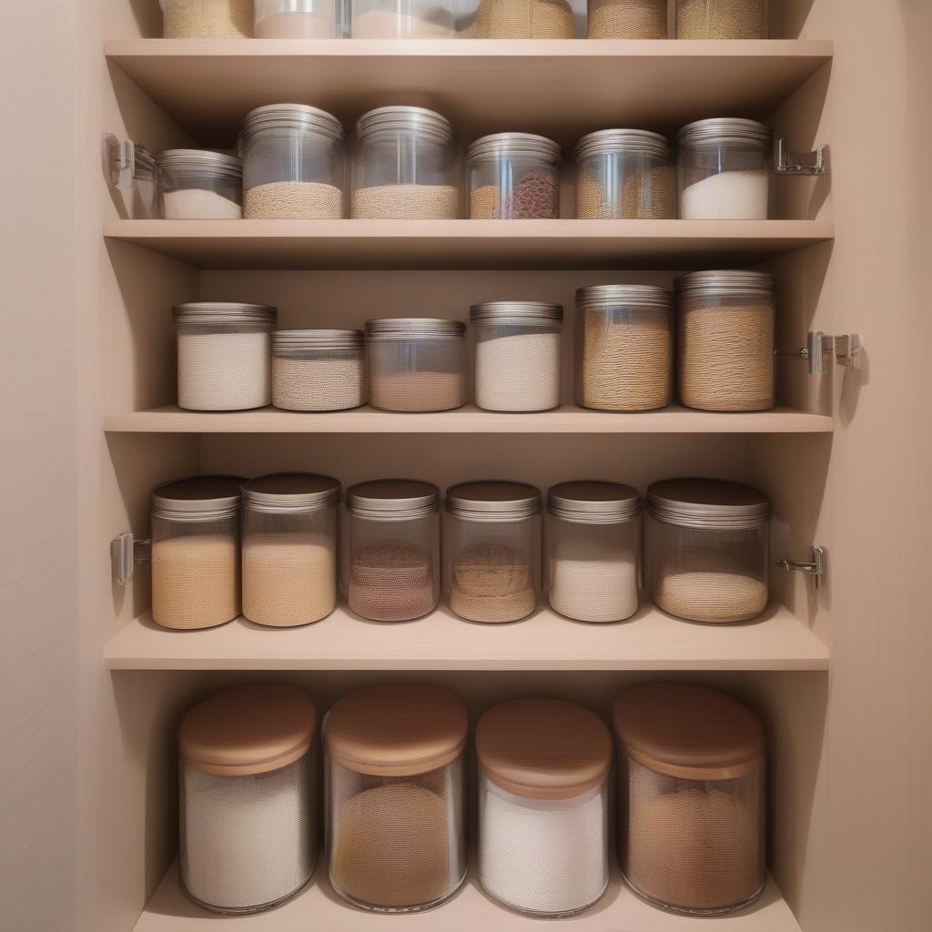 Organized pantry with basket weave glass canisters.