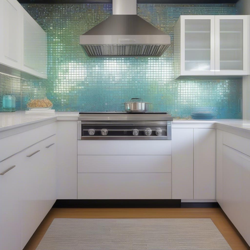 Modern Kitchen with Iridescent Basket Weave Glass Tile Backsplash