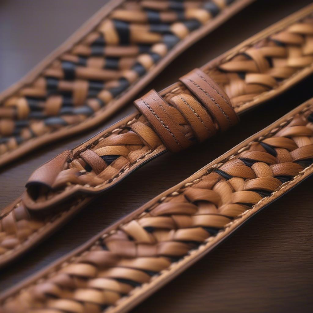 Close-up view of a basket weave guitar strap showcasing the intricate details and craftsmanship.