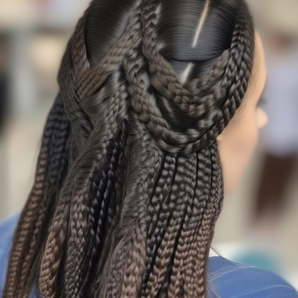 Close up of a basket weave hairstyle showcasing the intricate details of the braiding technique