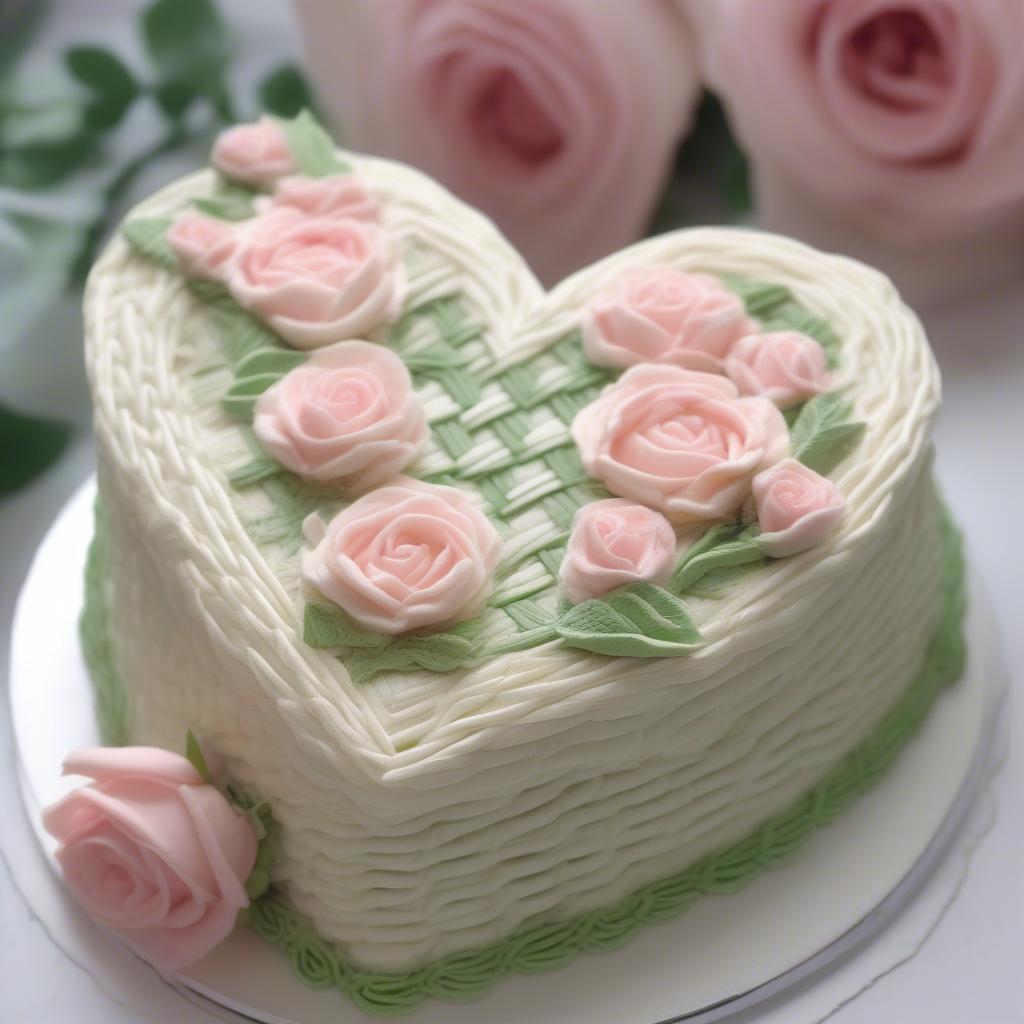 Basket weave heart cake decorated with buttercream roses and piped details.