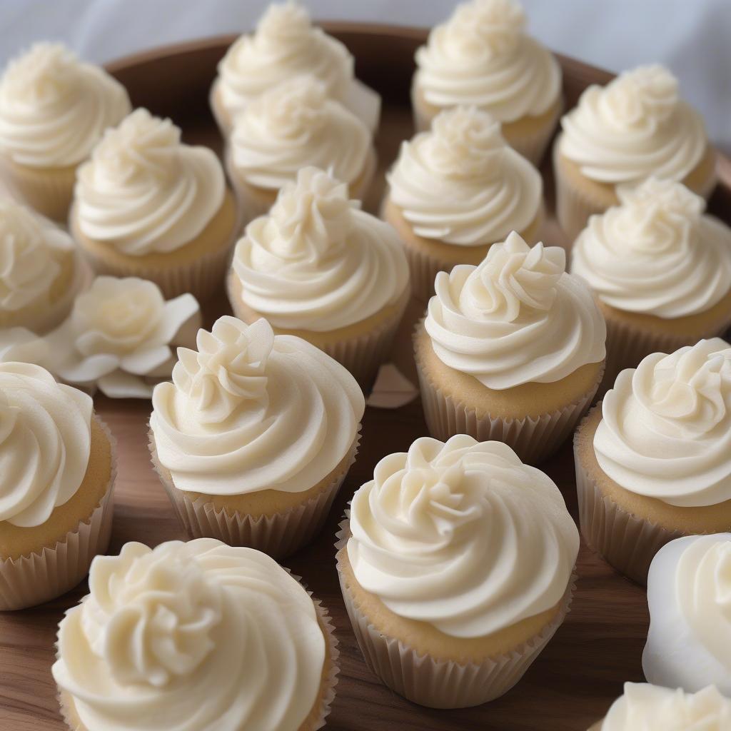 Close-up of perfectly iced cupcakes with a basket weave pattern