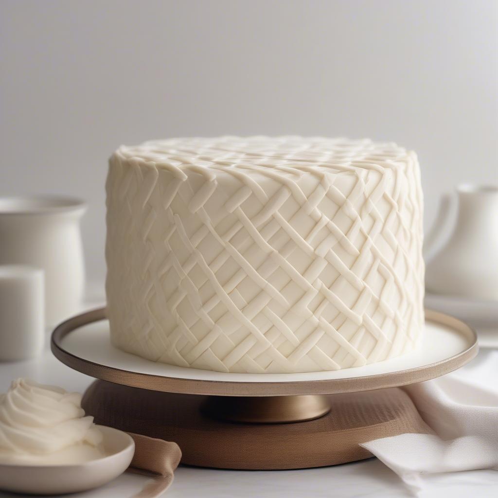 A perfectly iced cake with a basket weave pattern