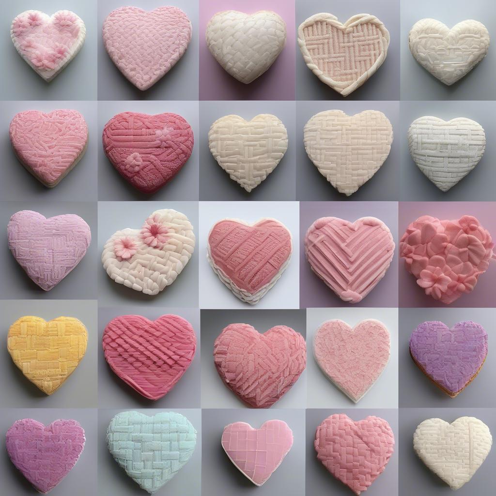 Different basket weave icing techniques applied to heart-shaped cakes.