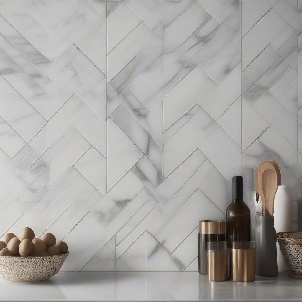 Marble basket weave tile pattern on a kitchen backsplash