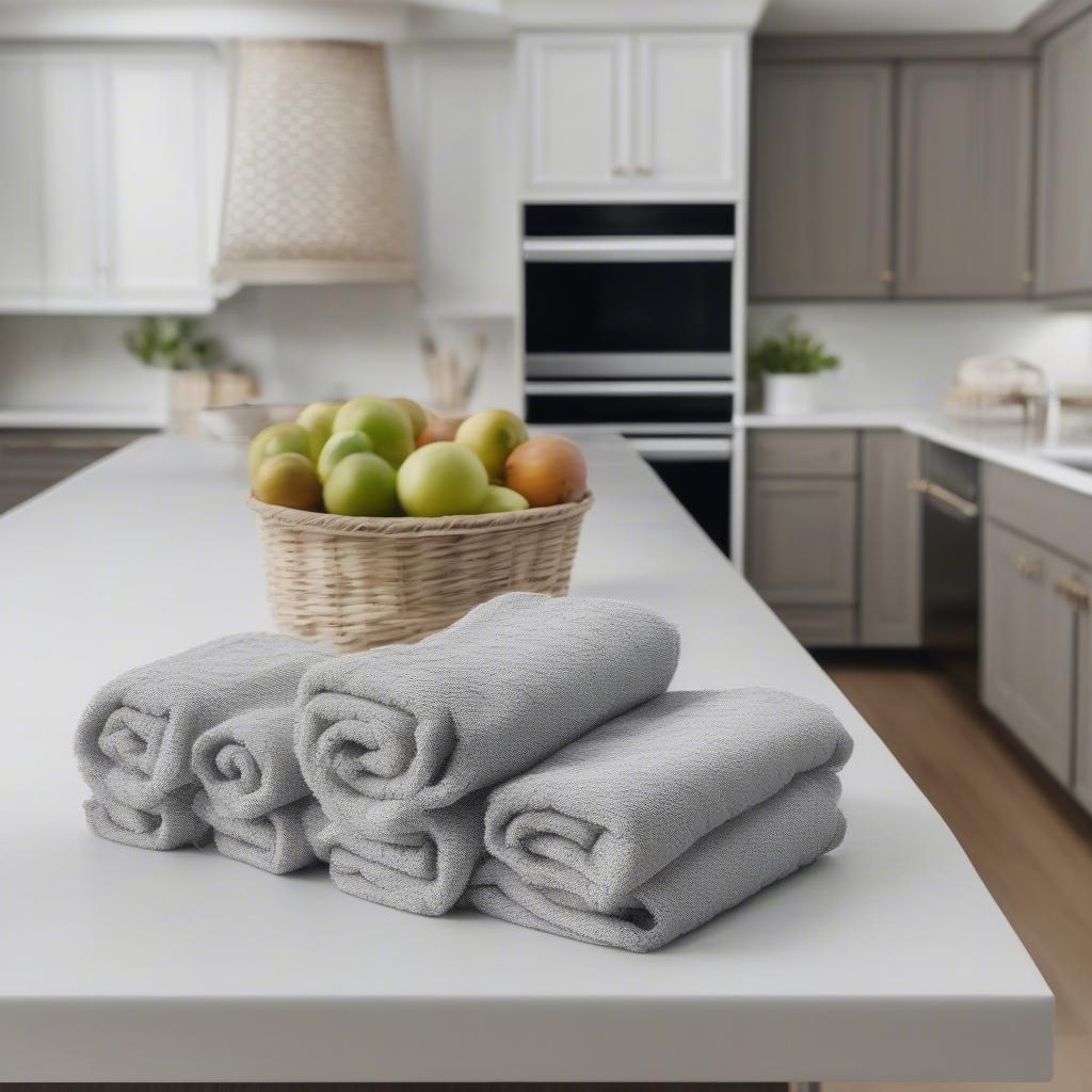 Basket weave kitchen towels styled in a modern kitchen