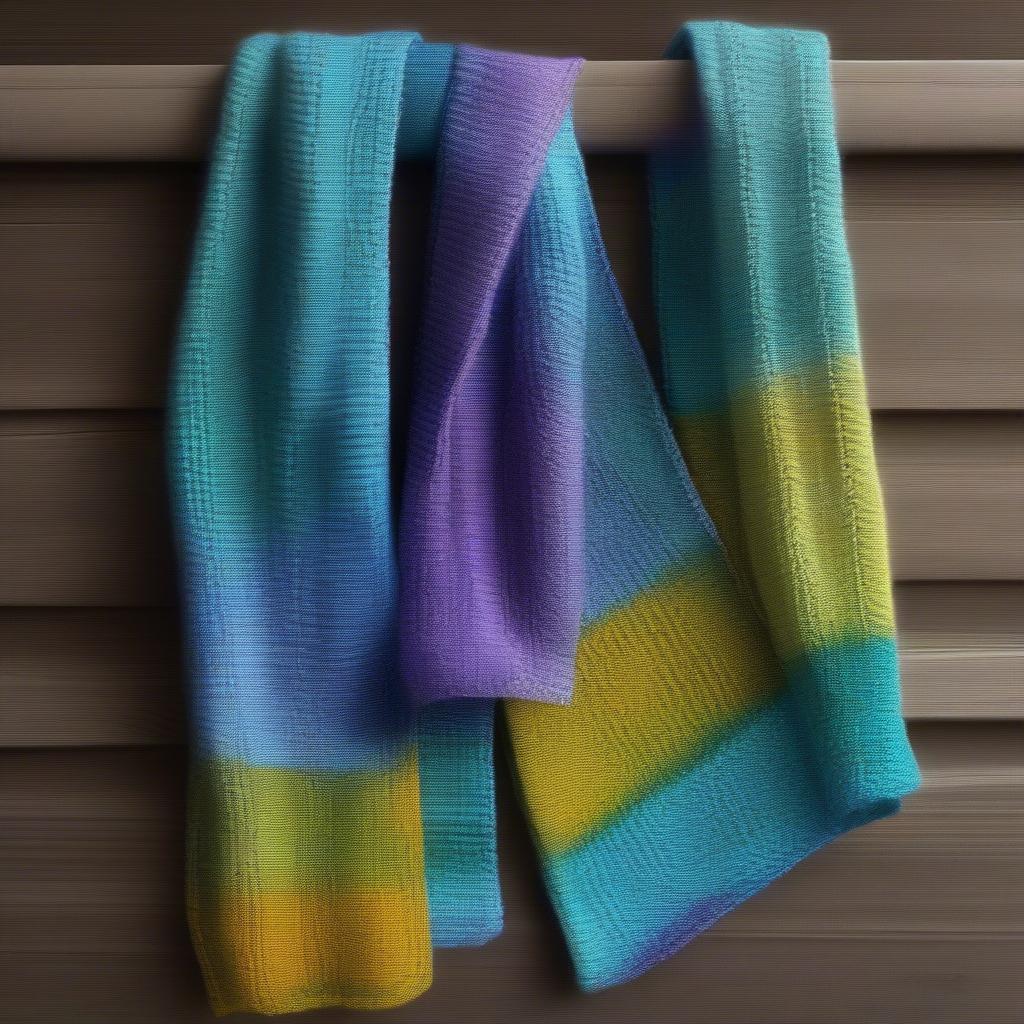 A finished knitted scarf featuring the 2-color basket weave stitch in contrasting colors. The scarf is draped elegantly, showcasing the finished project.