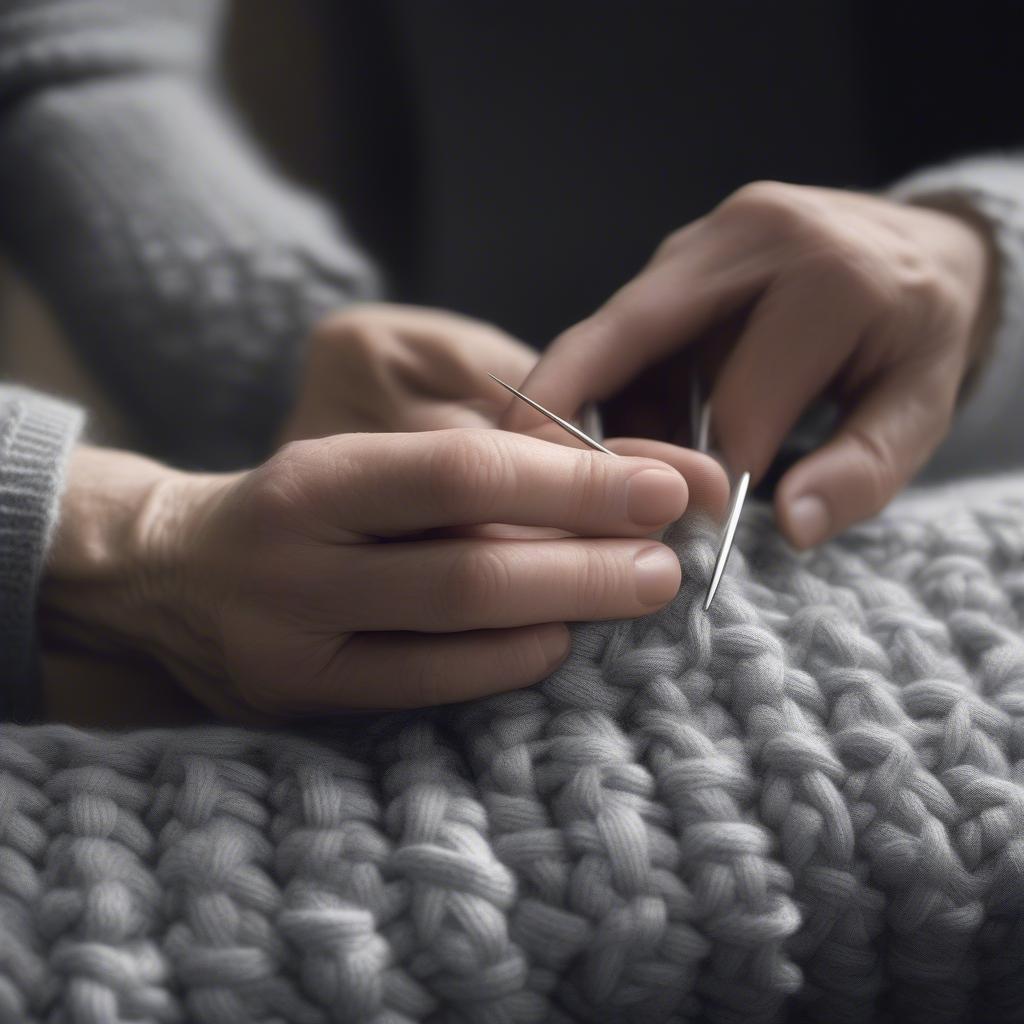 Hands knitting the basket weave pattern with 13 needles, showing the process of alternating knit and purl stitches.