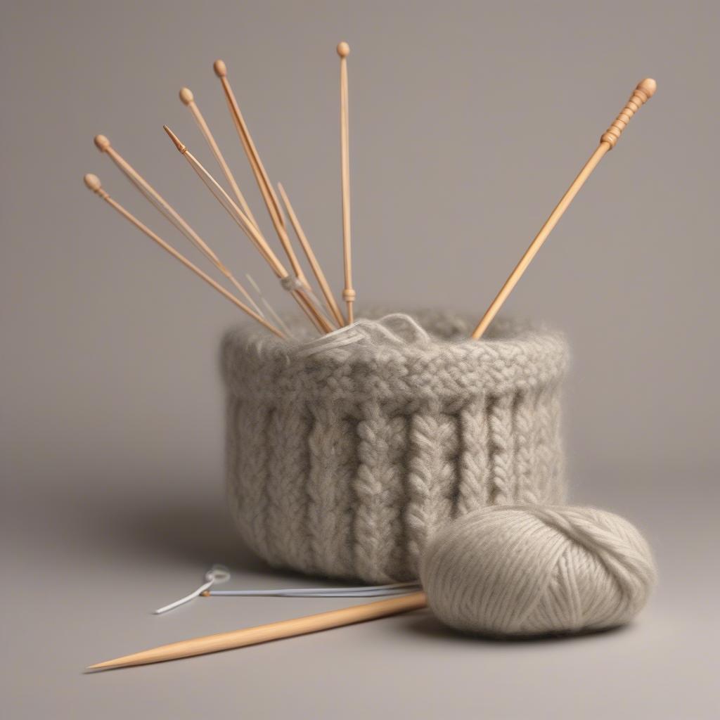 Knitting needles with yarn, ready to begin a basket weave pattern.