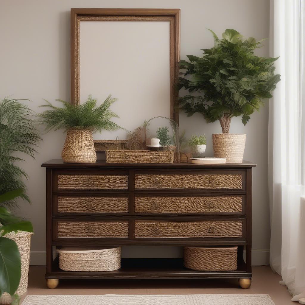 Dark wood dresser with antique brass basket weave knobs in a bedroom setting.