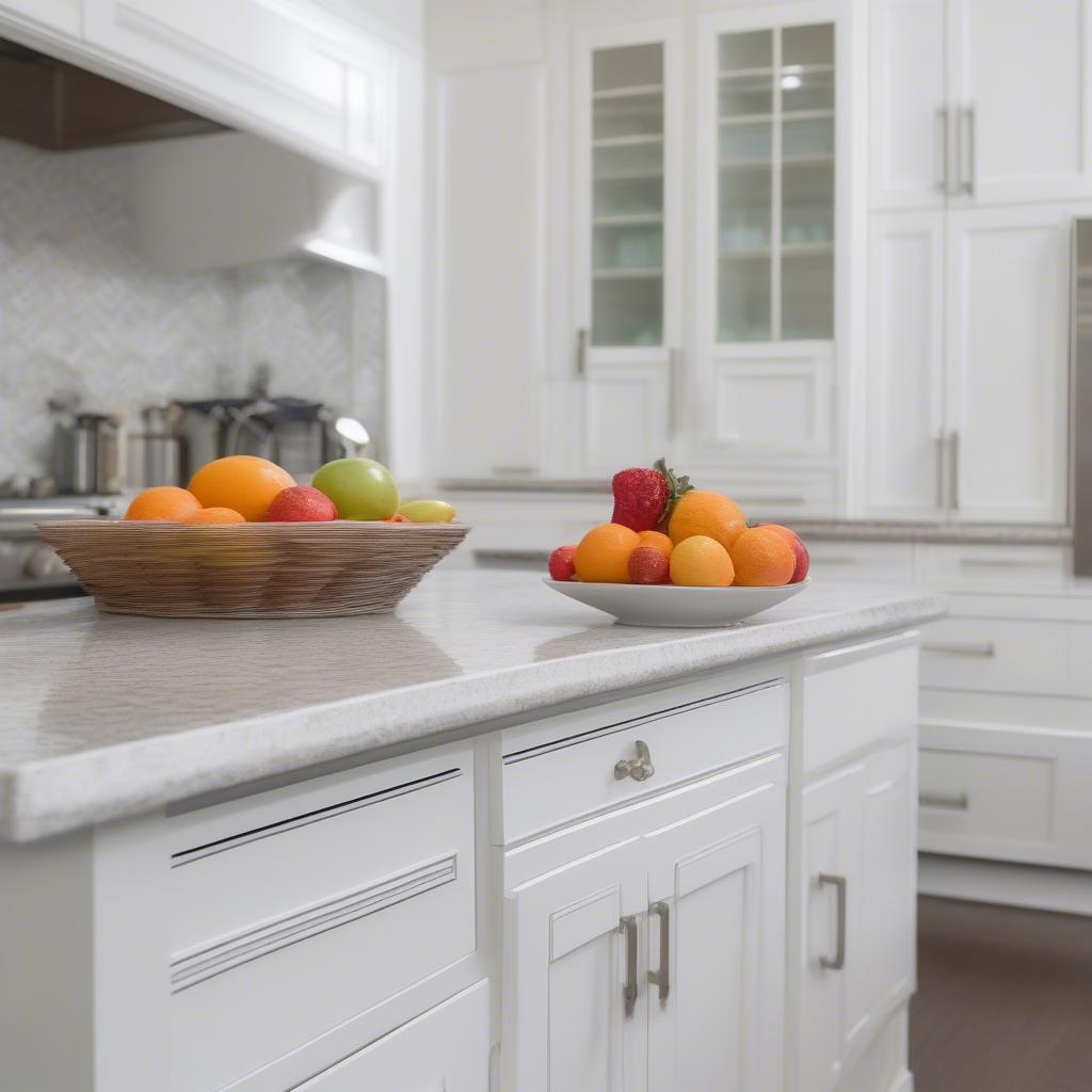 Basket weave knobs add a touch of texture to white kitchen cabinets