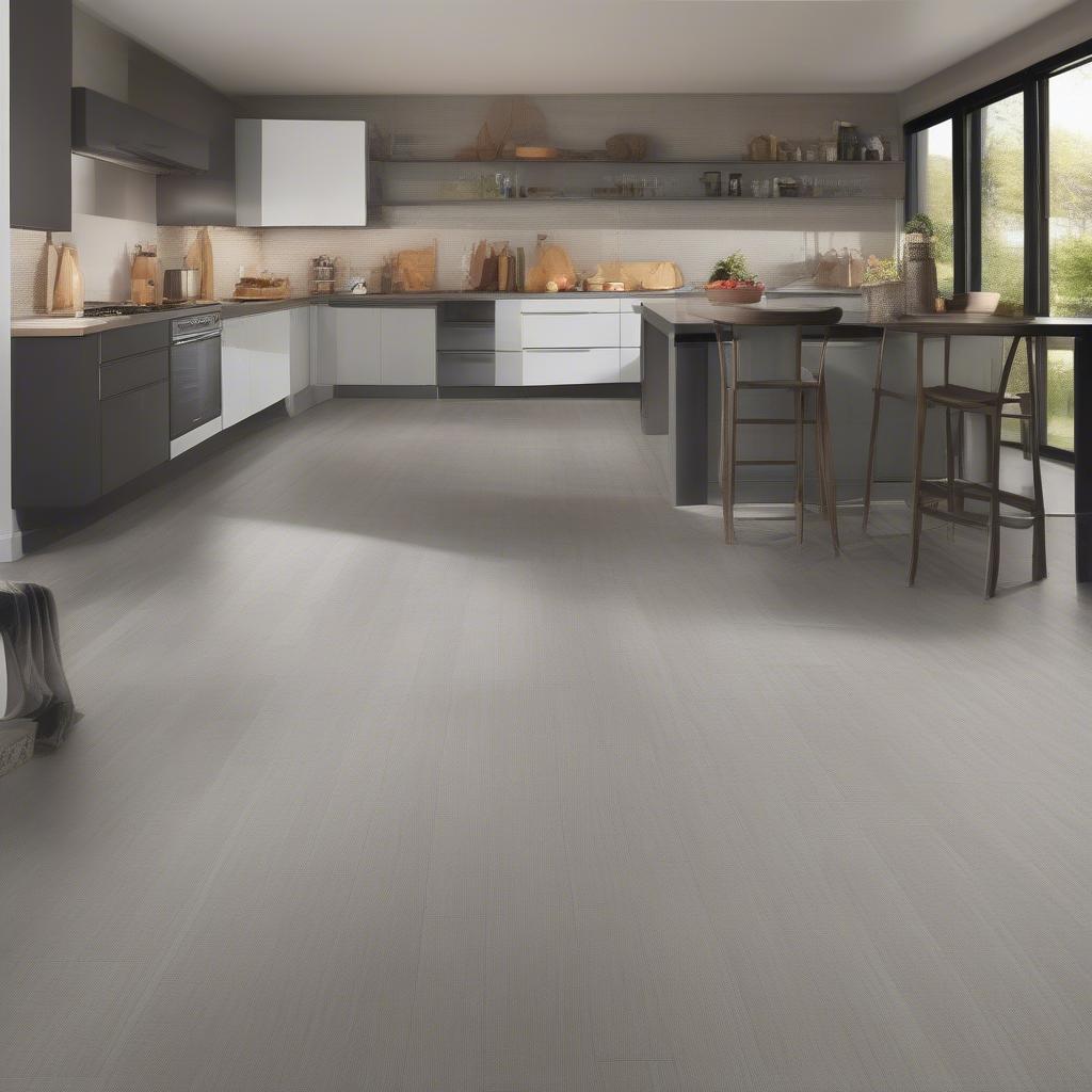 Modern kitchen with grey basket weave laminate flooring