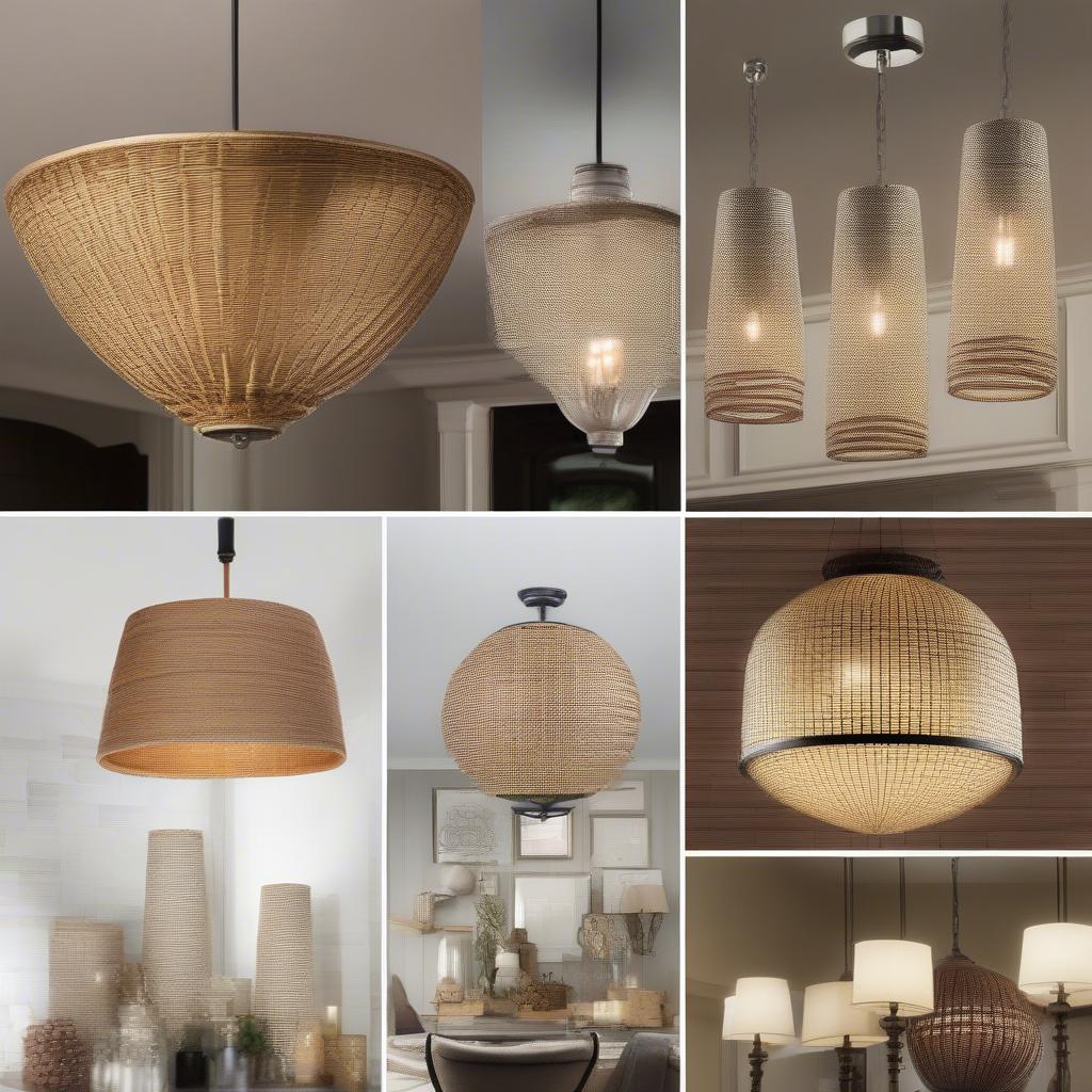 Various Styles of Basket Weave Light Fixtures: Pendants, Chandeliers, Table Lamps, Floor Lamps, and Wall Sconces