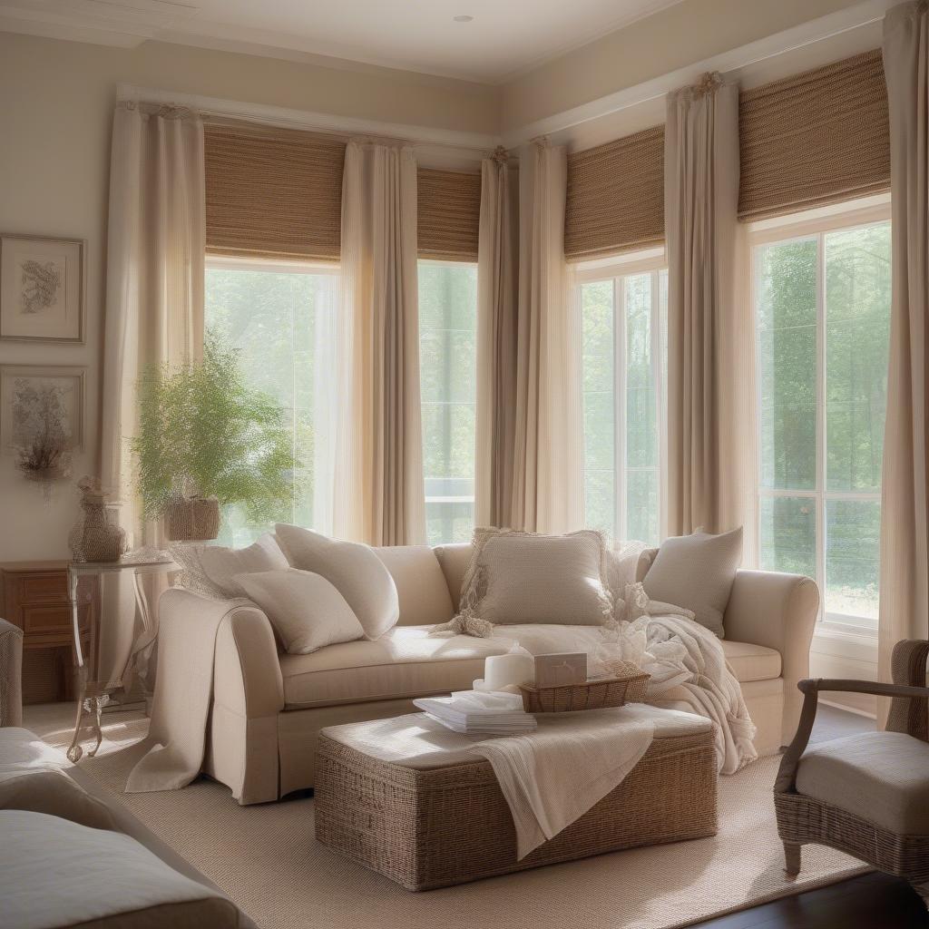 Basket weave linen drapery hanging in a living room with natural light streaming through, showcasing the light filtering properties and the overall ambiance it creates.