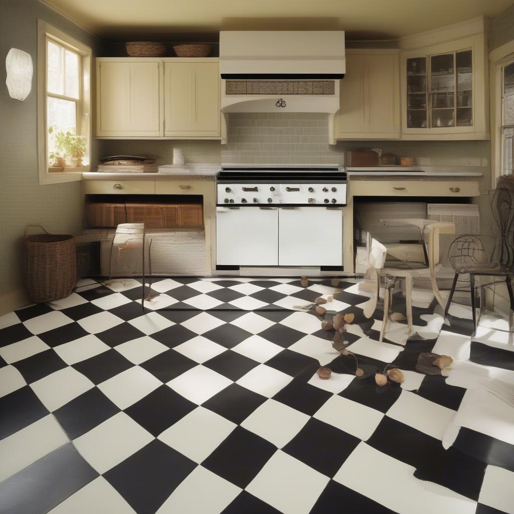 Basket weave linoleum in a historic kitchen setting.