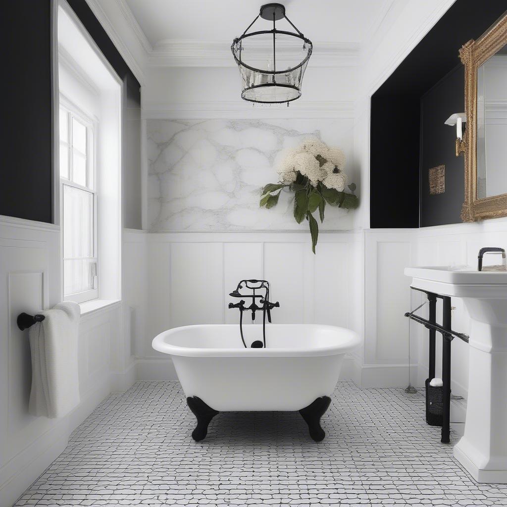 Basket weave marble bathroom floor with black border