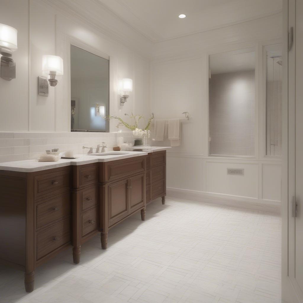 Basket weave marble floor design in a classic bathroom