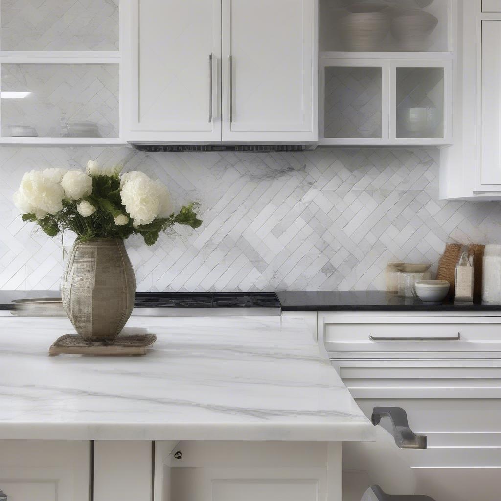 White marble basket weave tile used as a kitchen backsplash, providing a clean and elegant backdrop.