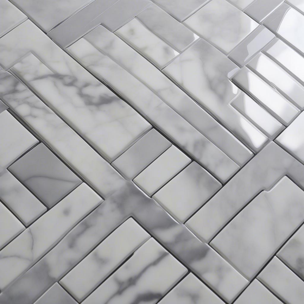 Basket weave marble tile creating a classic pattern on a bathroom floor