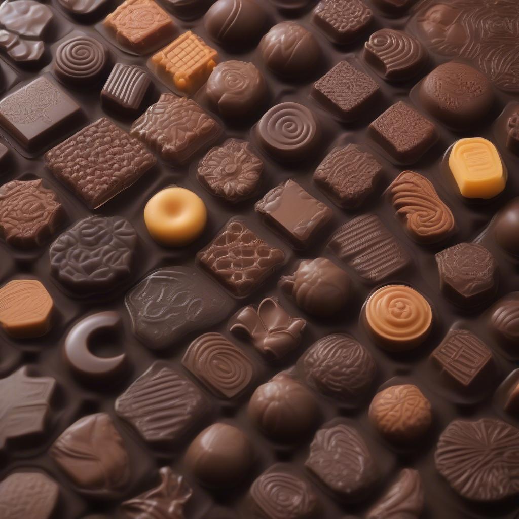 Basket weave mat used for chocolate presentation, showcasing various chocolate shapes and sizes.