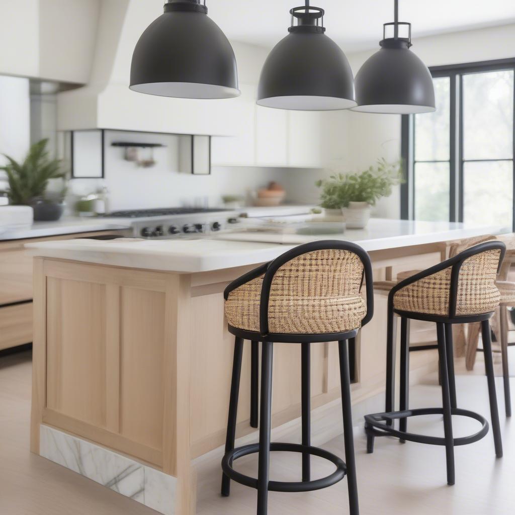 Basket weave metal bar stools add a touch of rustic elegance to a modern kitchen island.