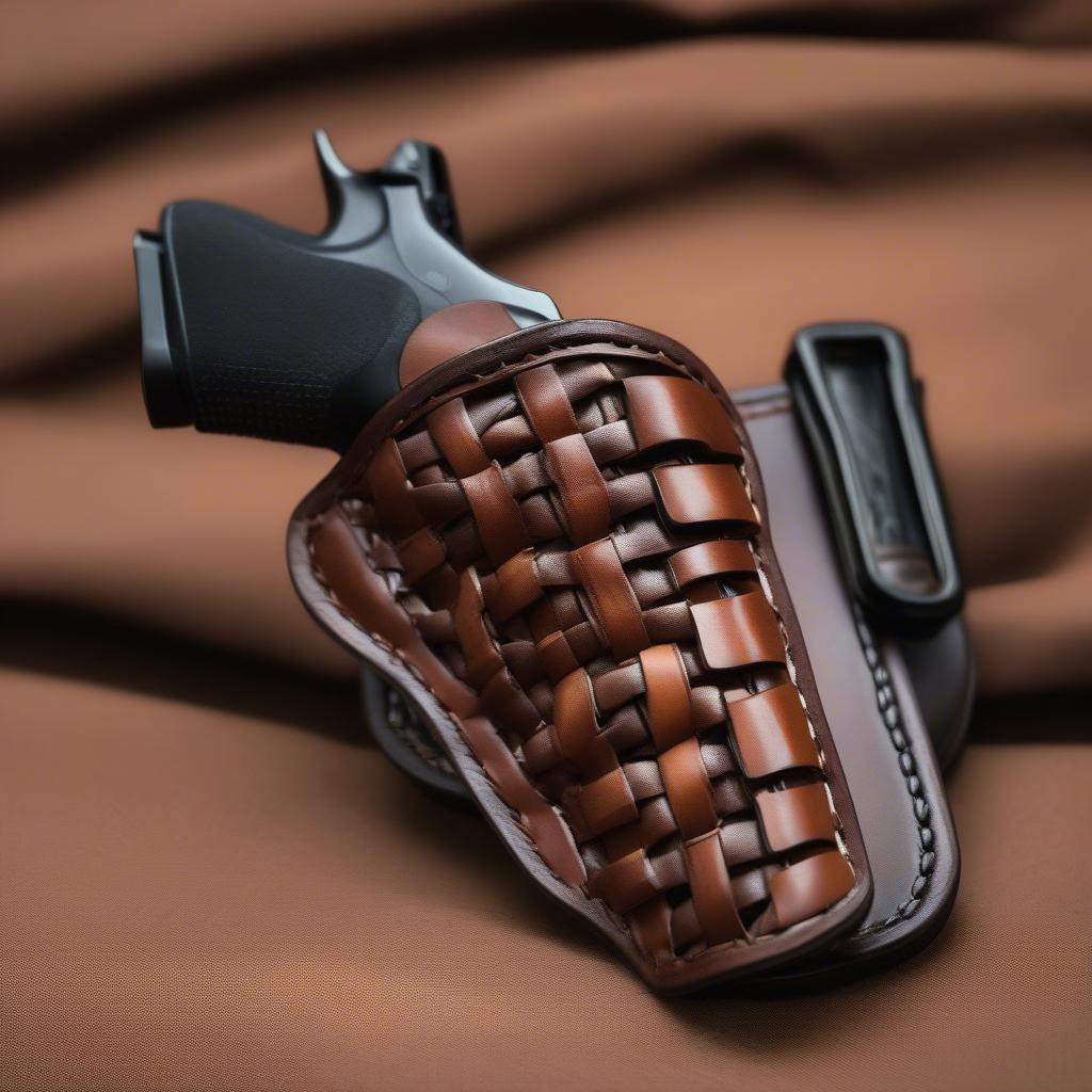 Close-up view of a basket weave MK9 holster, showcasing the intricate woven leather pattern and the precision stitching.