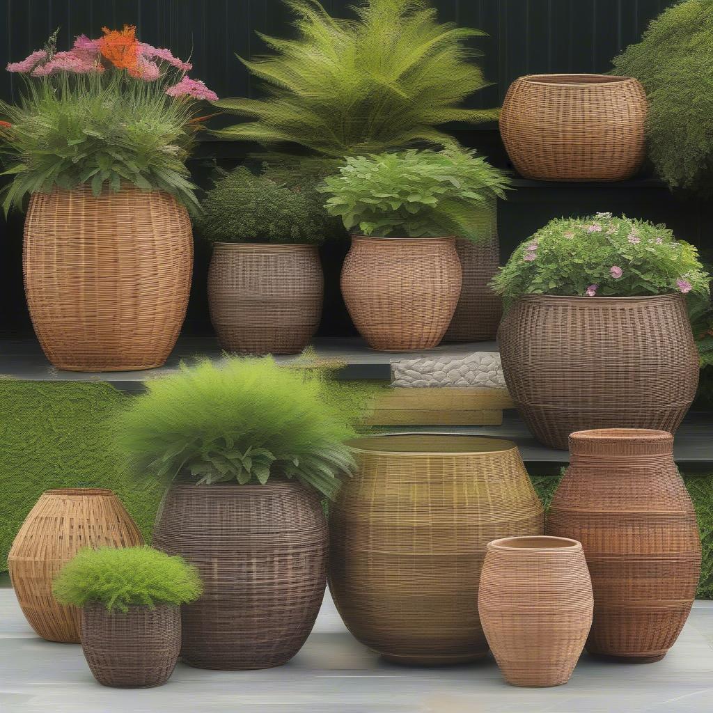 Basket weave outdoor pots in various styles, showcasing different materials and sizes for diverse planting needs.