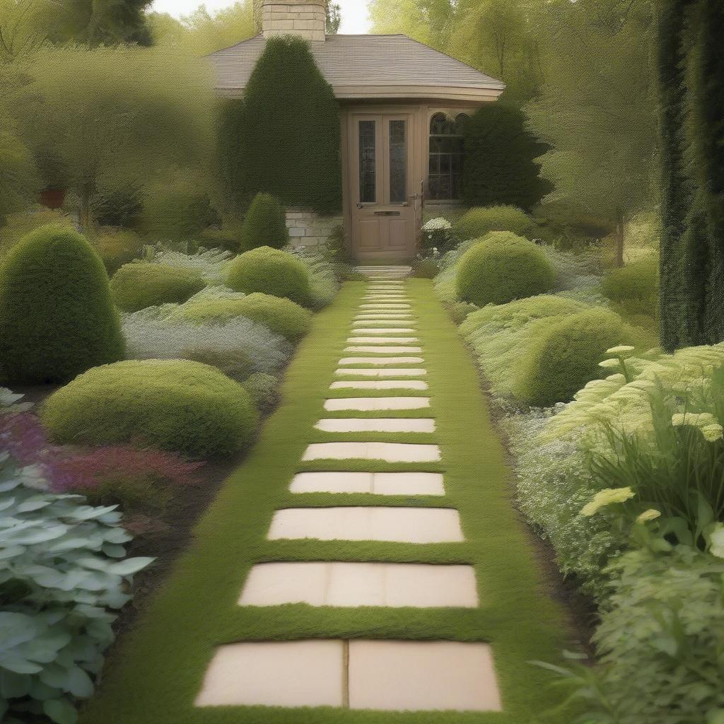 A beautiful basket weave pathway created using a mold in a lush green garden setting.