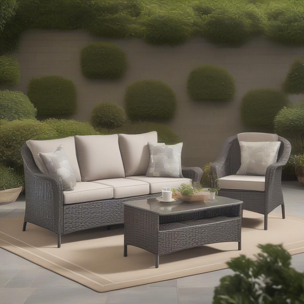 A comfortable and stylish basket weave patio furniture set with plush cushions, perfect for relaxing outdoors.