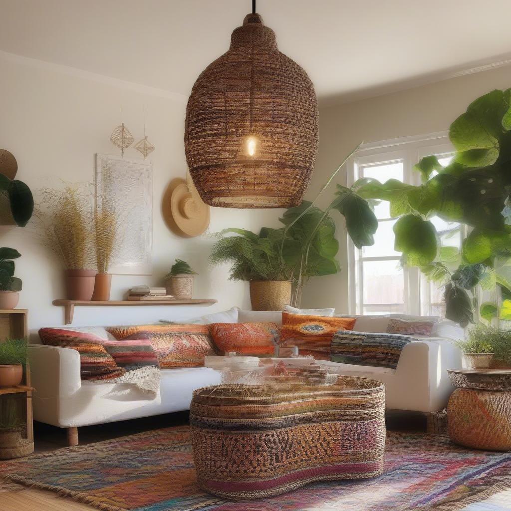 Basket Weave Pendant Light in a Bohemian Interior: A living room showcasing a basket weave pendant light as the centerpiece, complemented by bohemian décor elements like macrame wall hangings, patterned cushions, and lush greenery.