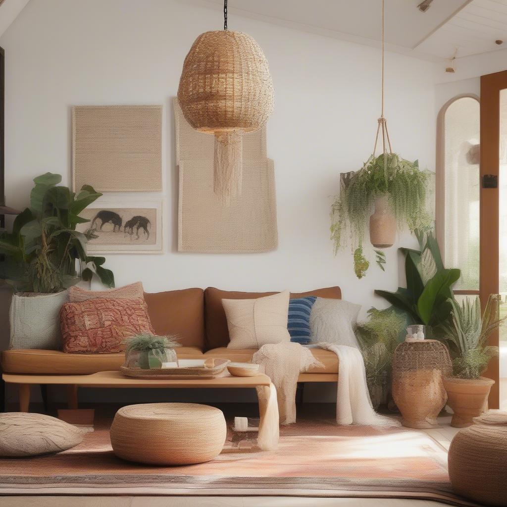 Basket Weave Pendant Light in Boho Living Room